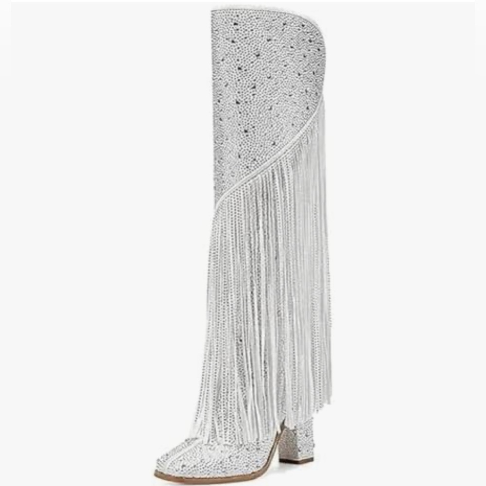 🆕 Rhinestone Silver Fringe Knee-High Boots - Picture 3 of 13